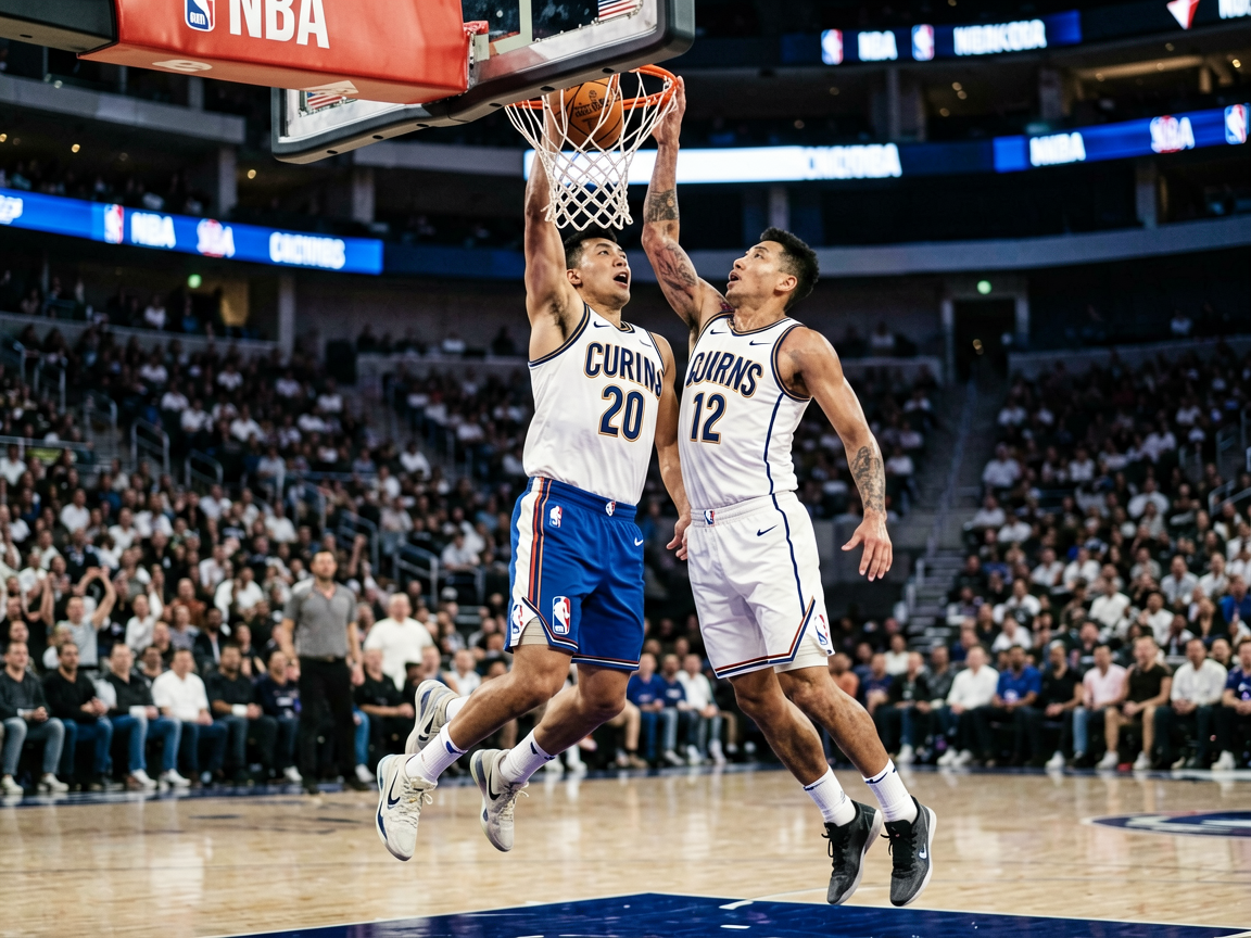 NBA赛场激烈对抗，篮球运动员扣篮动作